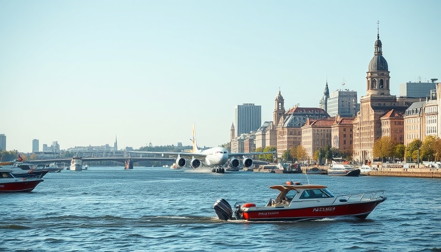 Plane emergency landing scene near city, emphasizing aviation safety.