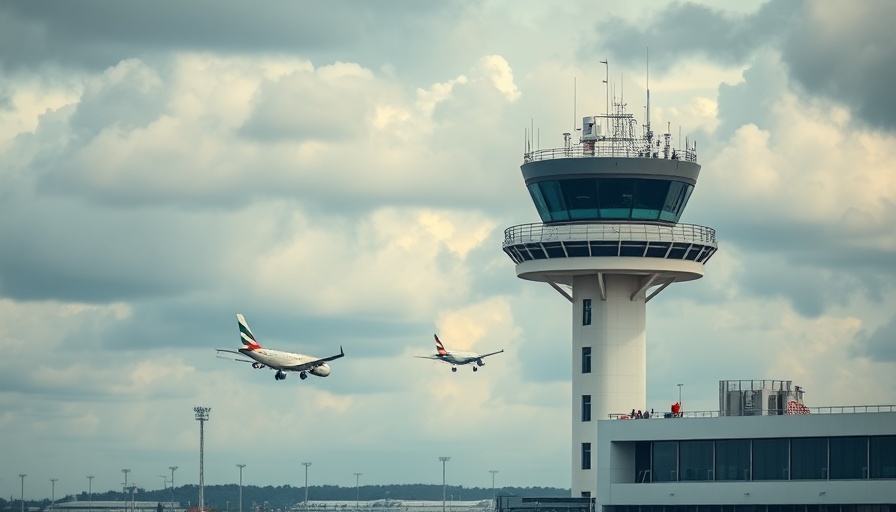 Air traffic control tower with plane preparing to land, highlighting helicopter traffic restrictions.