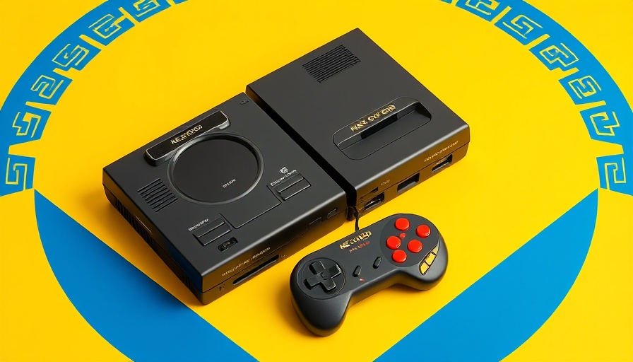 Neo Geo gaming consoles and joystick on a colorful background.