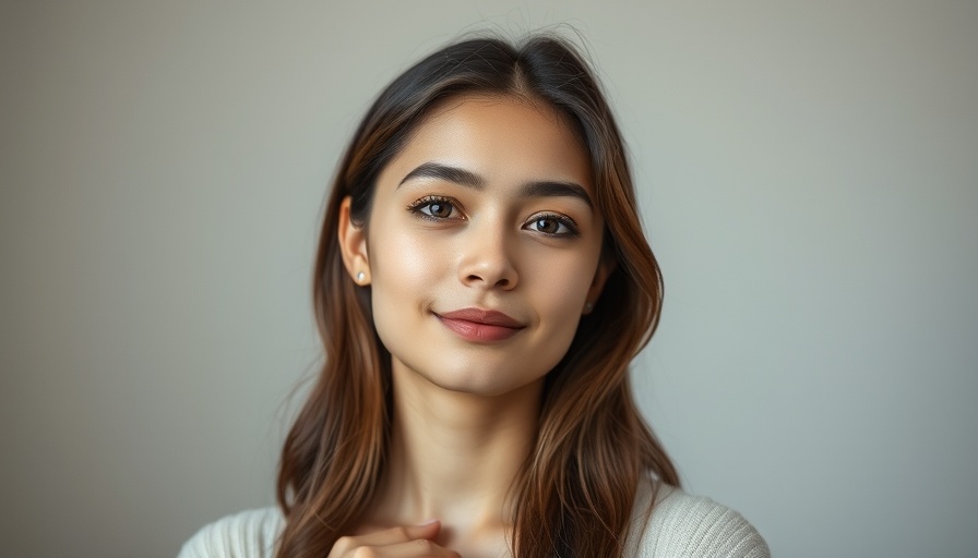 Young woman smiling, serene portrait against a white background.