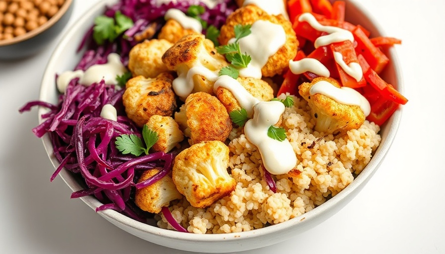 Colorful cauliflower shawarma bowls with vibrant ingredients.