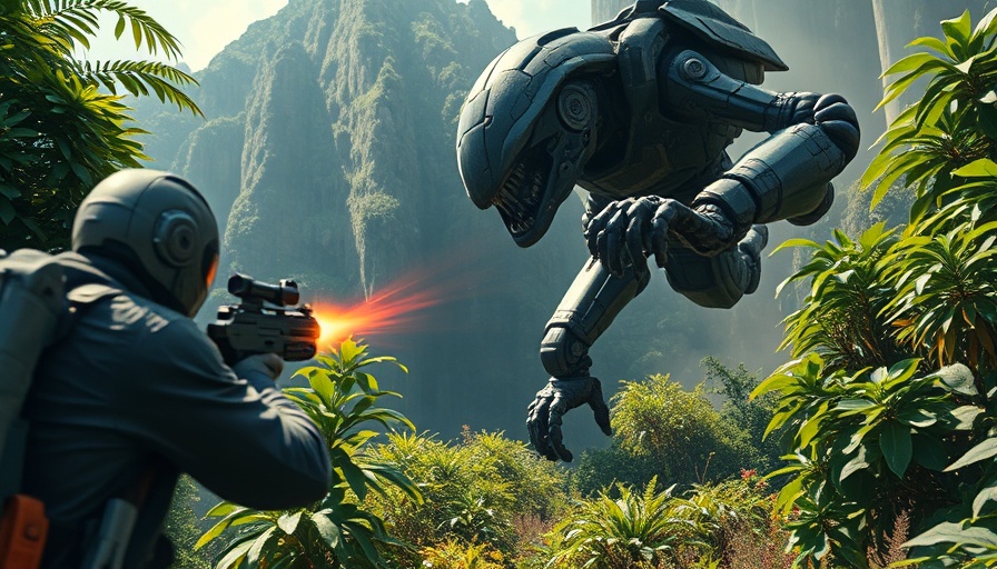 Action-packed scene with a futuristic battle in lush terrain.