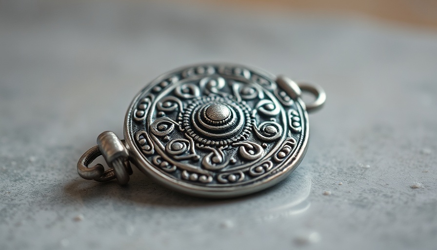 Close-up of an ancient silver amulet on a reflective surface.