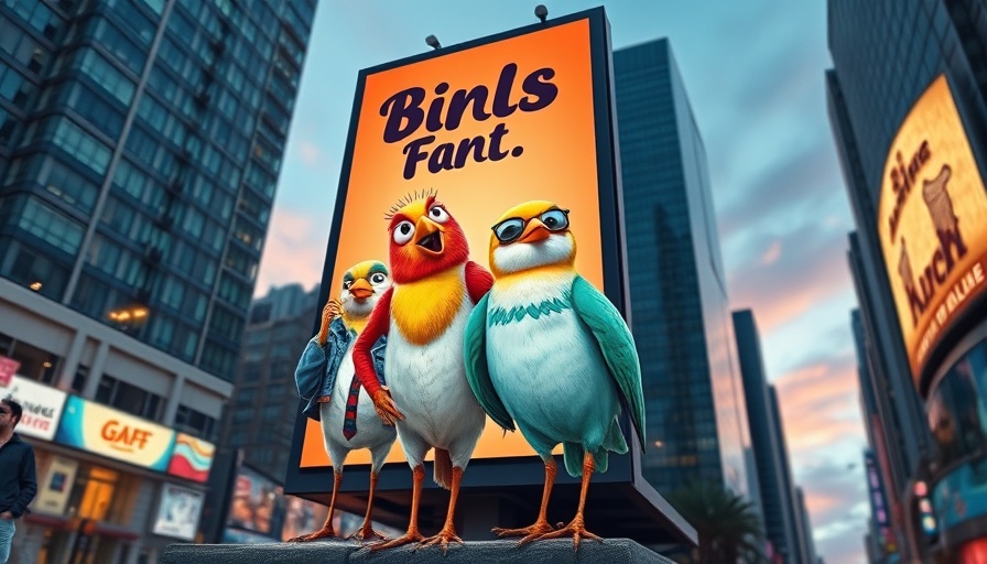 Apple Genmoji birds billboard in urban evening scene.