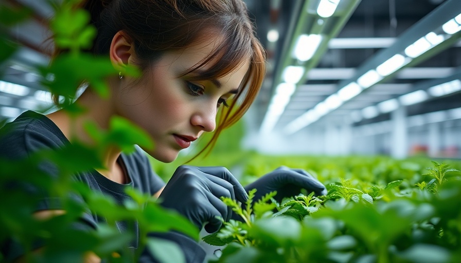 AI in agriculture: Woman tending plants in a high-tech farming setup.