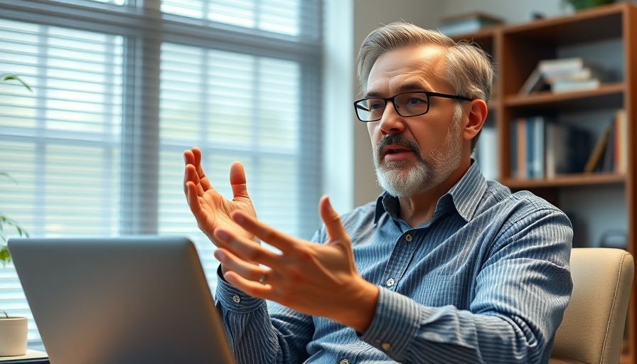 Middle-aged man speaking energetically in an office setting.