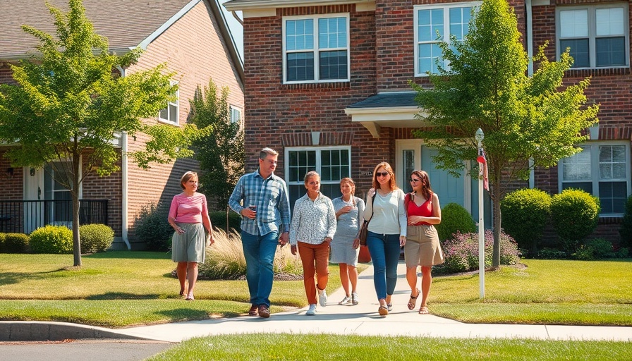 Suburban housing market scene with family visiting a townhouse.