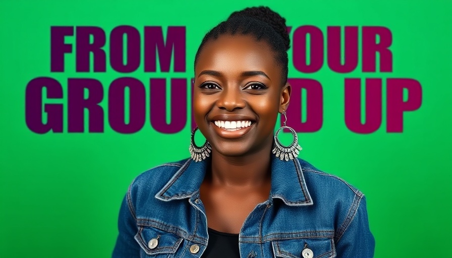 Jeni Britton smiling in a denim jacket with green background and text.