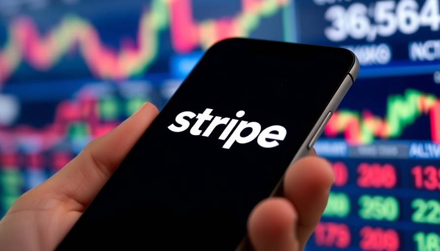 Smartphone showing Stripe logo in front of stock market screen.