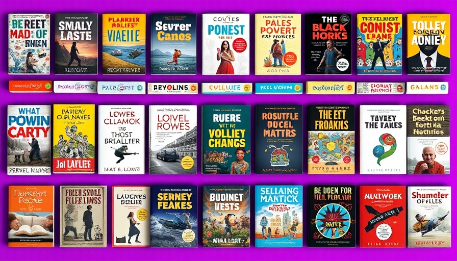 Colorful book covers on diverse topics in a neat layout against purple background.