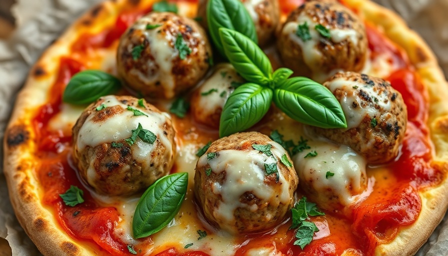 Delicious meatball pizza with basil on parchment paper.