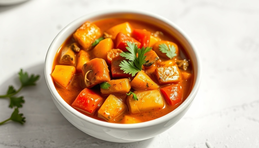 Slow cooker vegetable curry with colorful ingredients in a bowl.