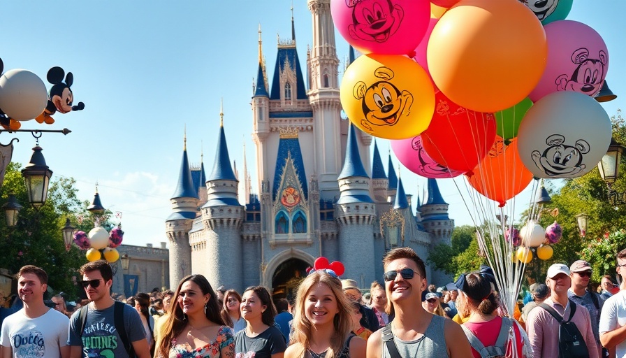 Disney park scene with balloons and castle on sunny day.