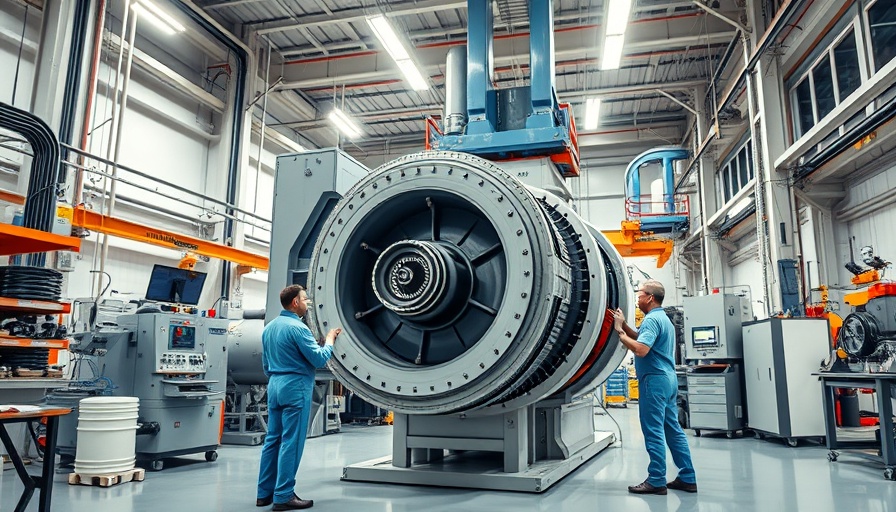 Nuclear Fusion laboratory with workers inspecting machinery.