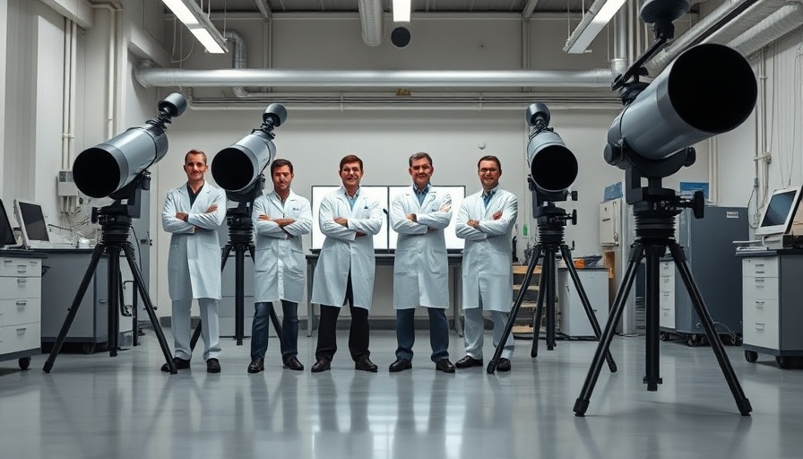 Scientists with large telescopes in a laboratory for observable space research.