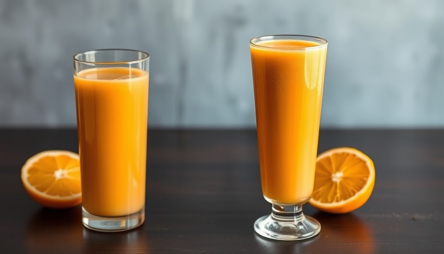 Vibrant orange smoothie in a tall glass on a table.