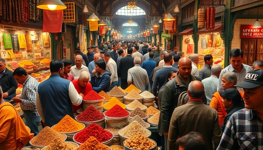 Syria transition scene in bustling market with spices and people.