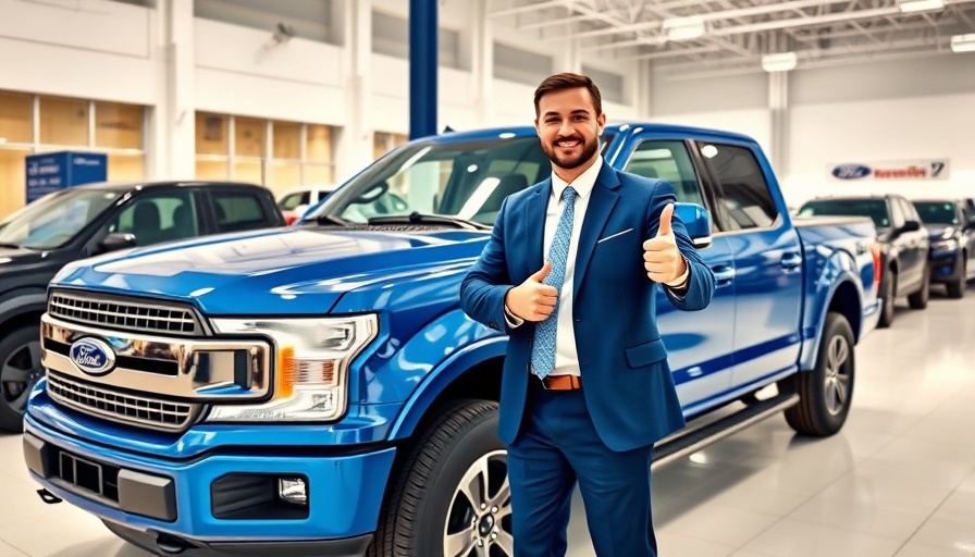 Man in blue suit with Ford truck discussing tariffs