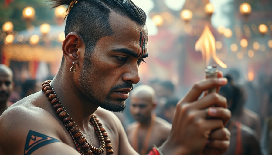 Pierced God ritual performer amid festive crowd in vibrant attire.