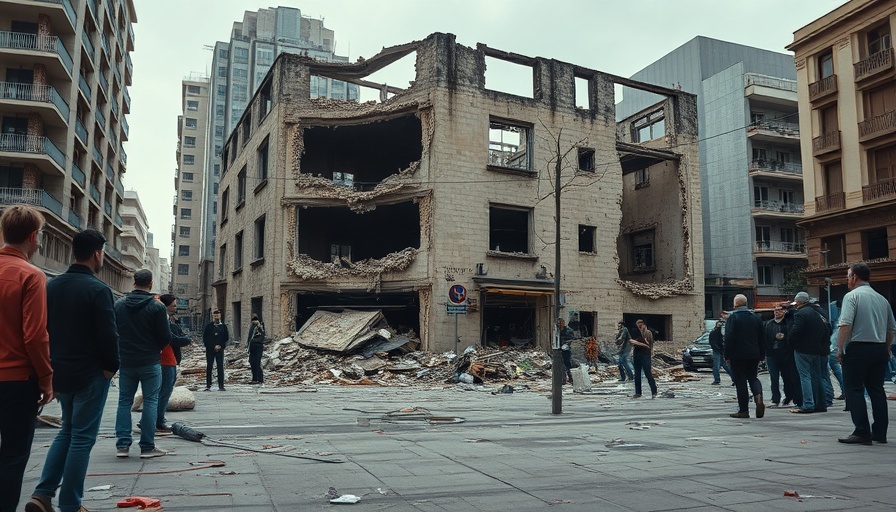 Severely damaged building with people observing destruction.