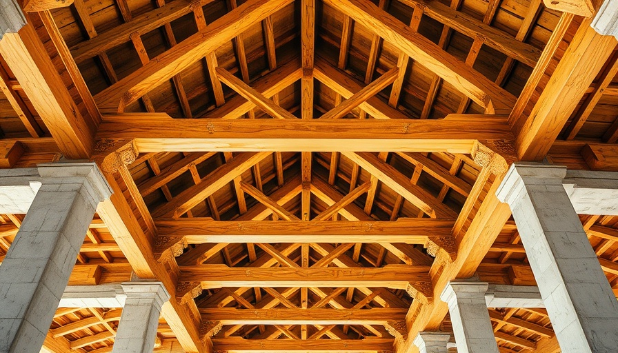 Intricate wooden and concrete ceiling structure with geometric beams.