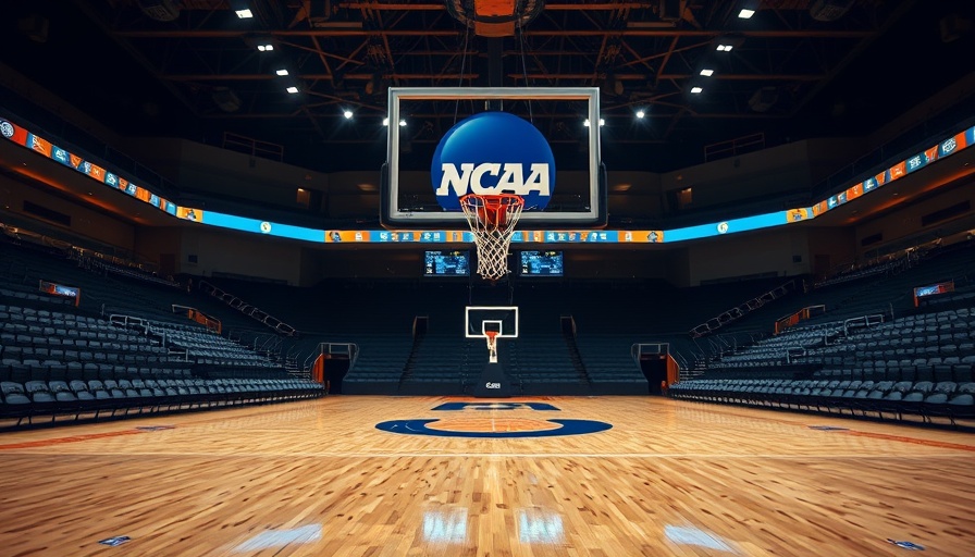 NCAA logo on backboard in empty basketball arena, dim lighting.