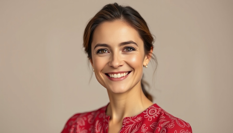 Smiling woman in red blouse, photorealistic portrait.