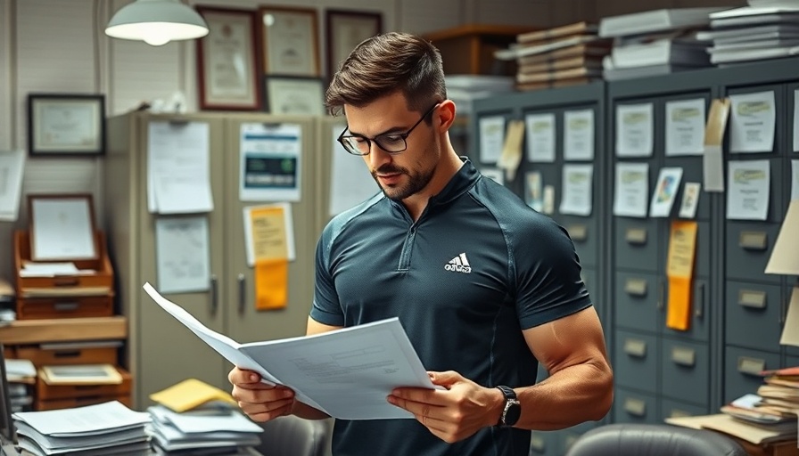 Athletic man examining documents in office related to fintech.