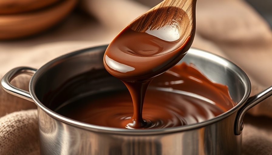 Melted chocolate dripping from a spoon into a saucepan, questioning is chocolate healthy.