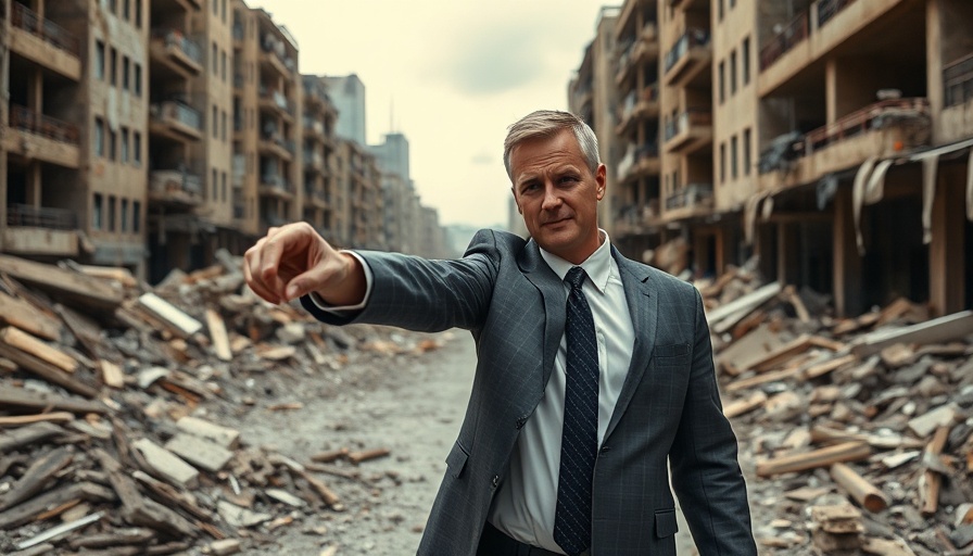 Man in suit pointing over rubble, referencing Hamas hostage release.