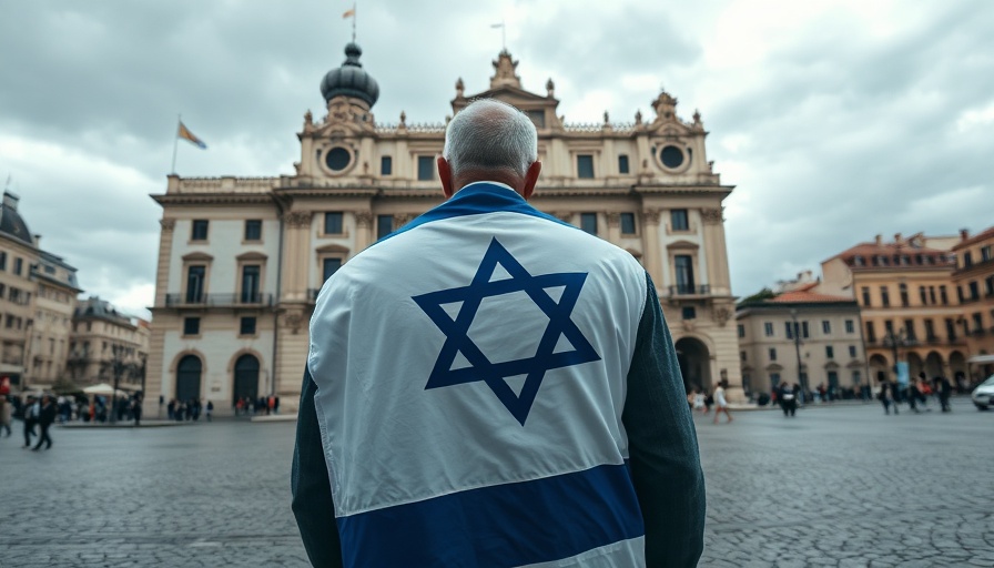 Man with Israeli flag on shoulders walking in city plaza, Israel