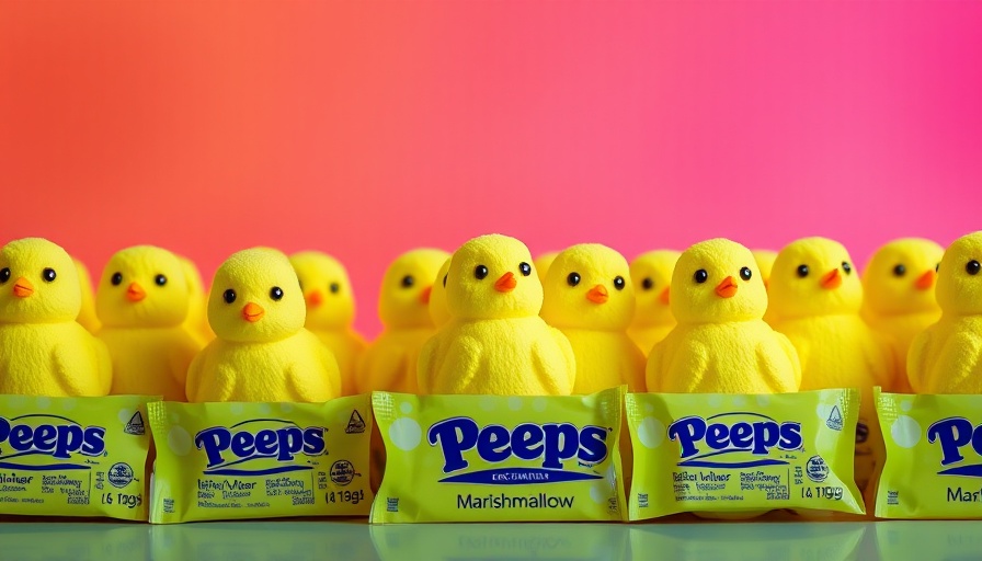 Bright yellow Peeps marshmallow chicks in box, colorful background