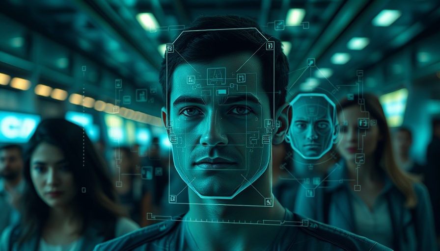 Facial recognition technology interface scanning people in futuristic environment.