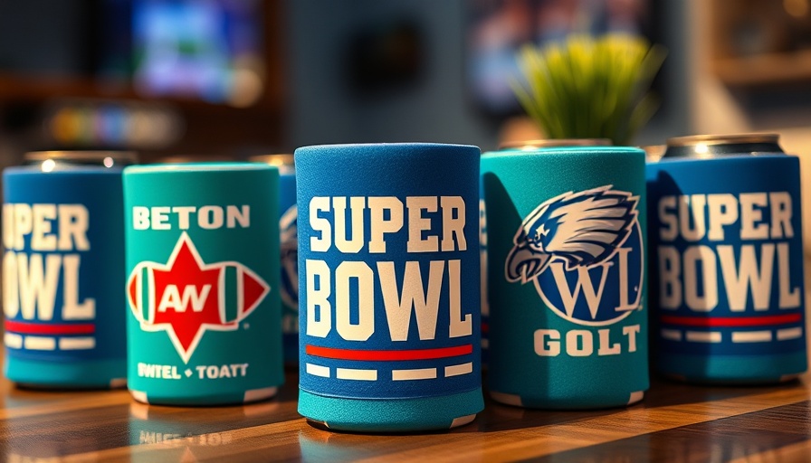 Colorful Super Bowl koozies with team logos scattered.