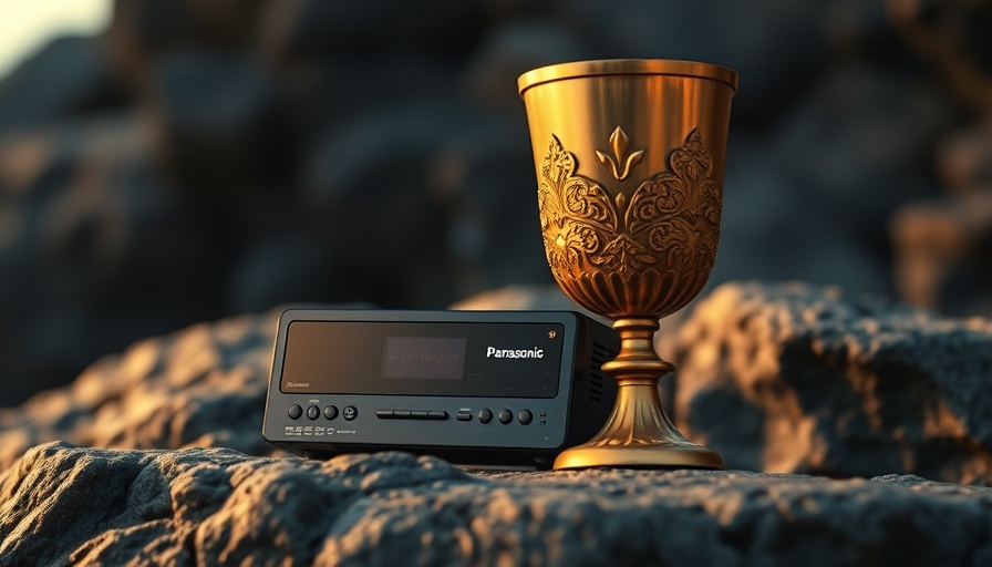 Panasonic DP-UB9000 player with golden goblet on rock surface.