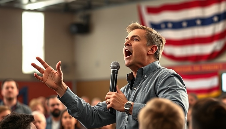 Energetic speaker discussing government spending indoors with patriotic backdrop.