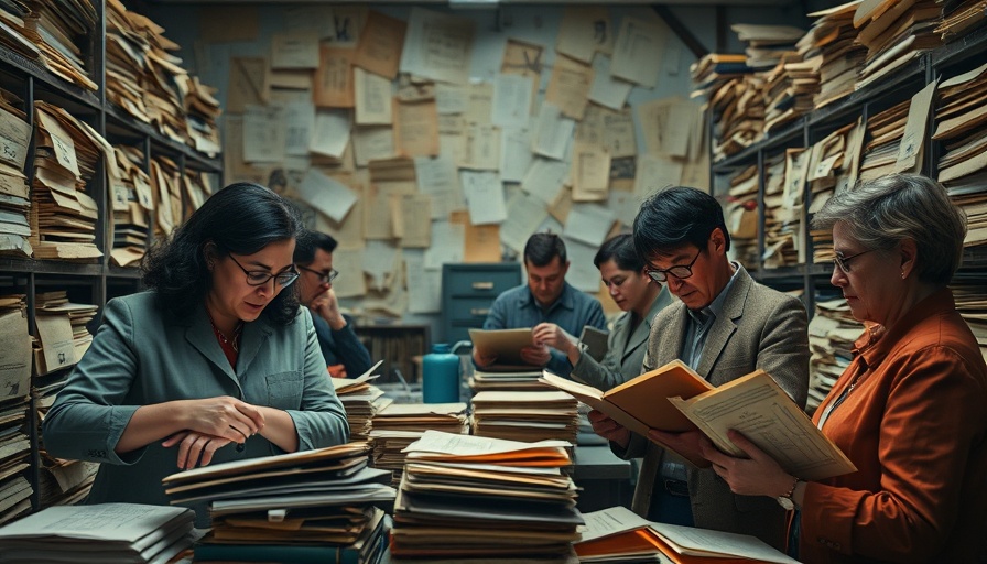 Vintage data archiving collage featuring people handling documents.