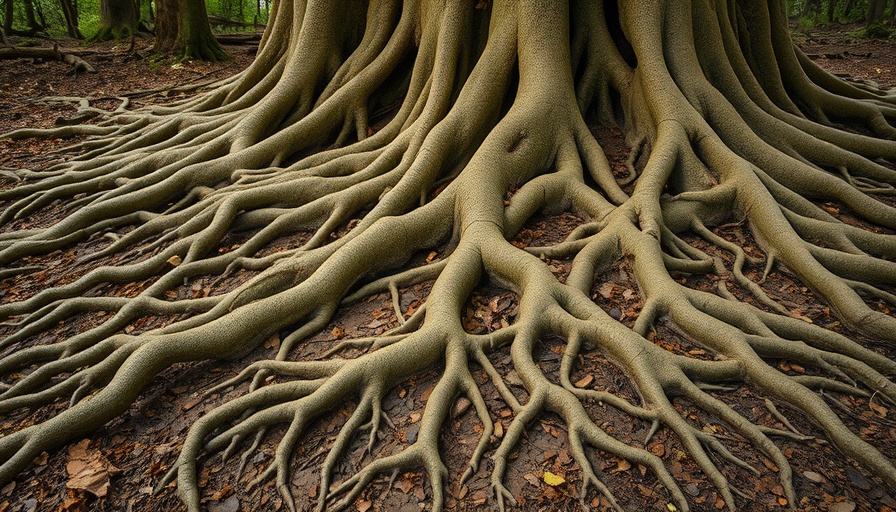 Intricate tree roots spreading on forest floor, symbolizing Active Discipleship.