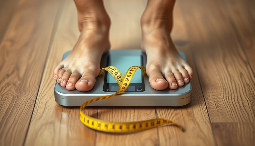 Weight loss hacks: blurry feet on scale, focus on measuring tape.