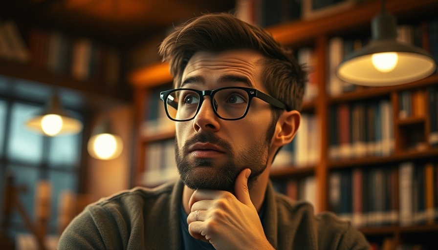 Man pondering gift of prophecy question in cozy library.