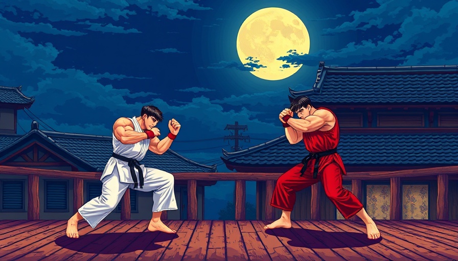 Street Fighter II scene with fighters battling on rooftop platform.