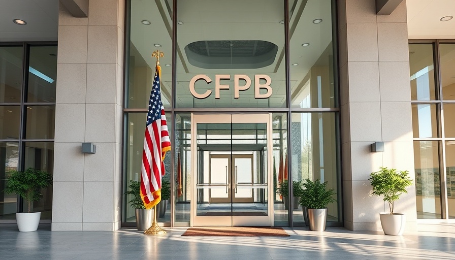 Entrance of CFPB building with sign and flags.