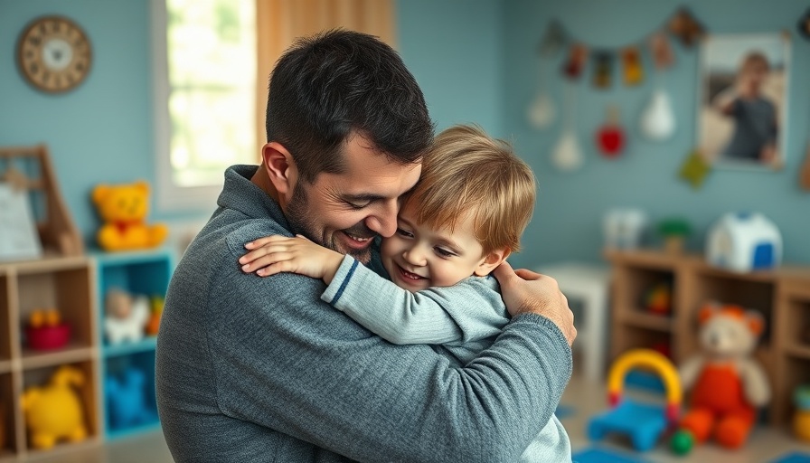 Emotional reunions, father and child embracing in a playroom.