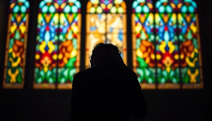 Person sitting against colorful stained glass, breaking chains of shame theme.