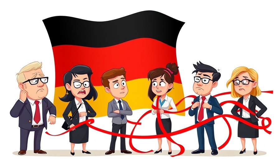 Cartoon of German businesspeople entangled in red tape illustrating bureaucracy.