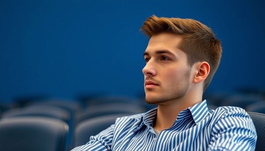 Thoughtful young man at AGI conference with blue backdrop.