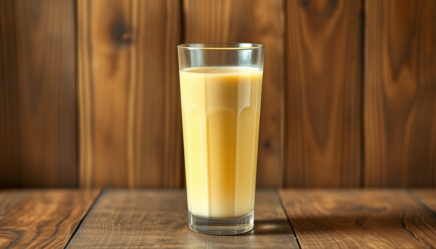 Creamy yellow smoothie in a glass on a wooden table.