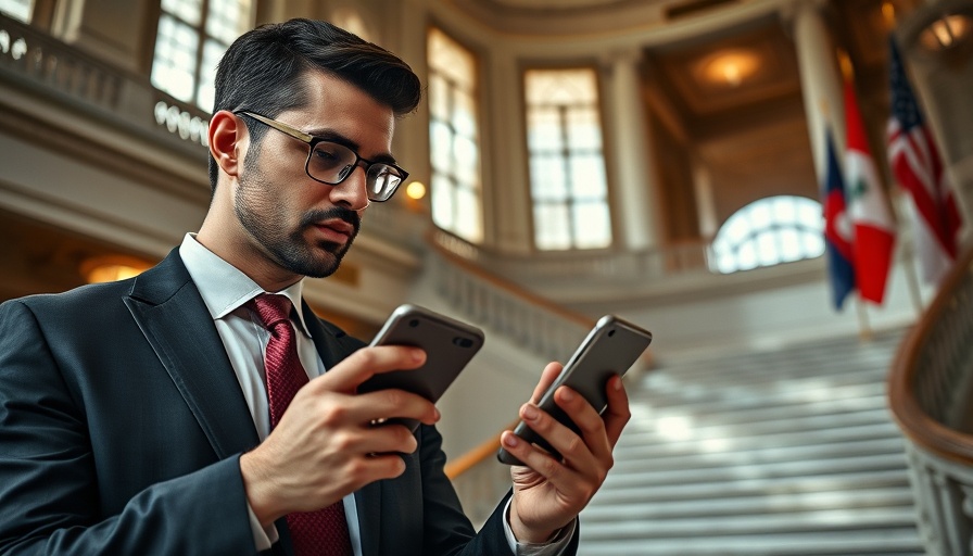 Man examining phone at AI summit, international flags, elegant indoor setting.