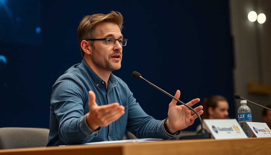 Casual man speaking at a panel with space-themed background.