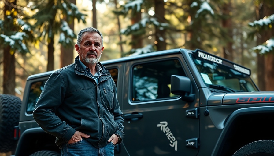 Mature man beside Jeep Rubicon in forest - Stellantis.